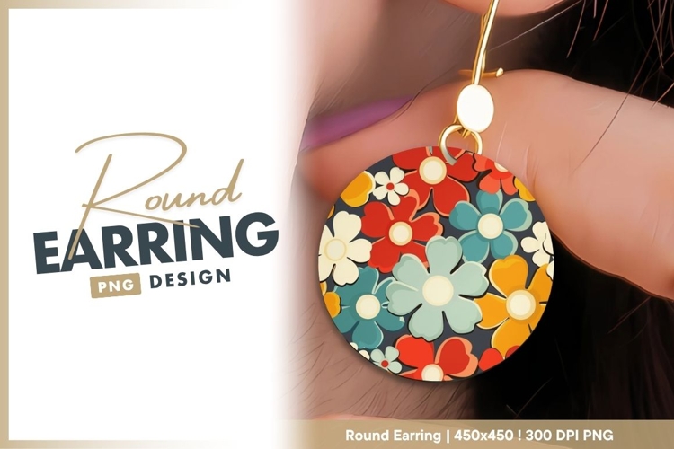 Colorful Retro Floral Pattern in a Circle Round Earring Png