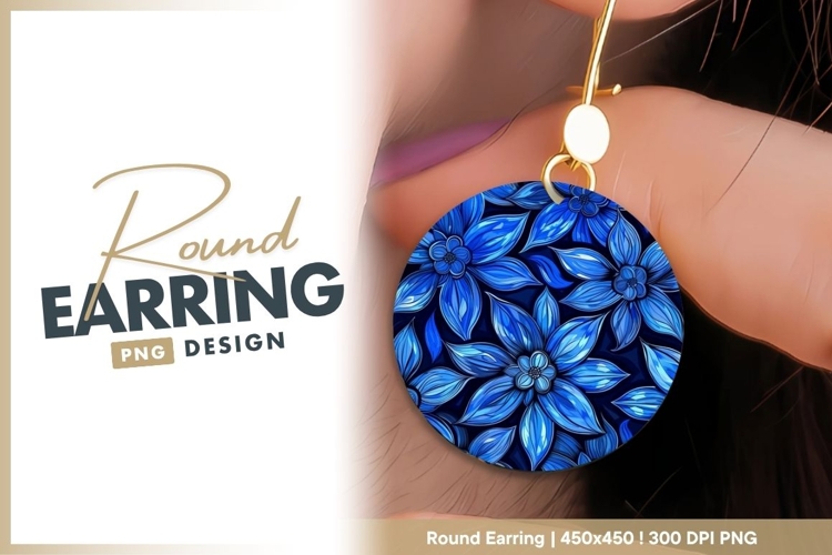 Blue Floral Pattern in a Circle on Dark Round Earring Png