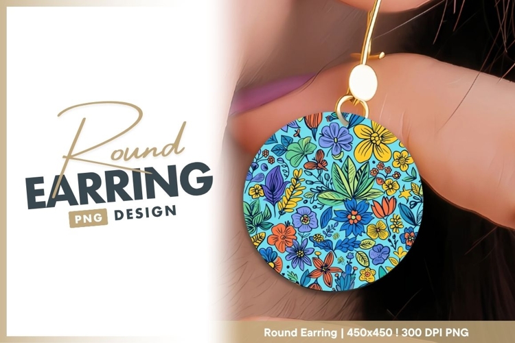 Colorful Floral Pattern in a Circle with Round Earring Png example image 1