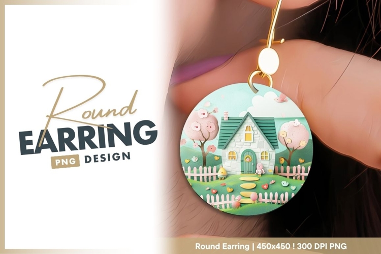Whimsical Paper Cutout Scene of a House Round Earring Png example image 1