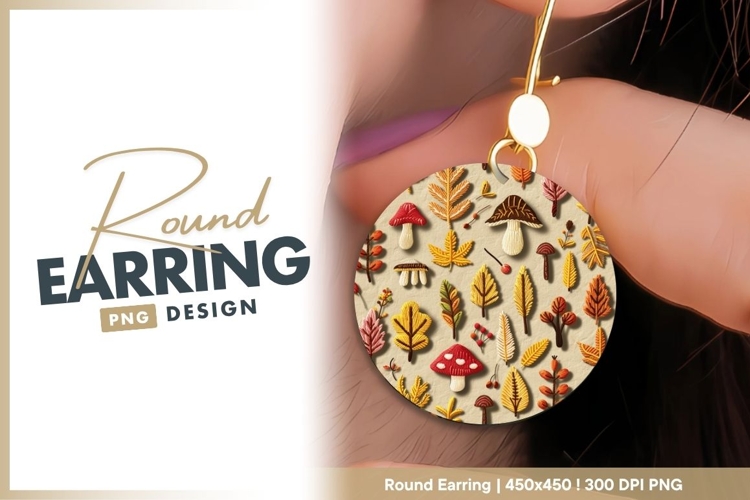 Embroidered Autumn Leaves and Mushrooms Round Earring Png example image 1