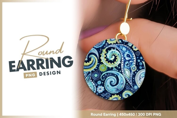 Circular Paisley Pattern in Blue and Green Round Earring example image 1