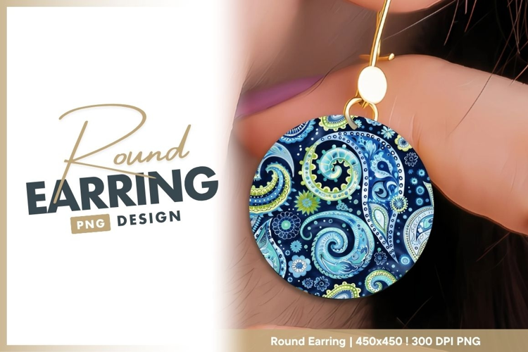 Circular Paisley Pattern in Blue and Green Round Earring