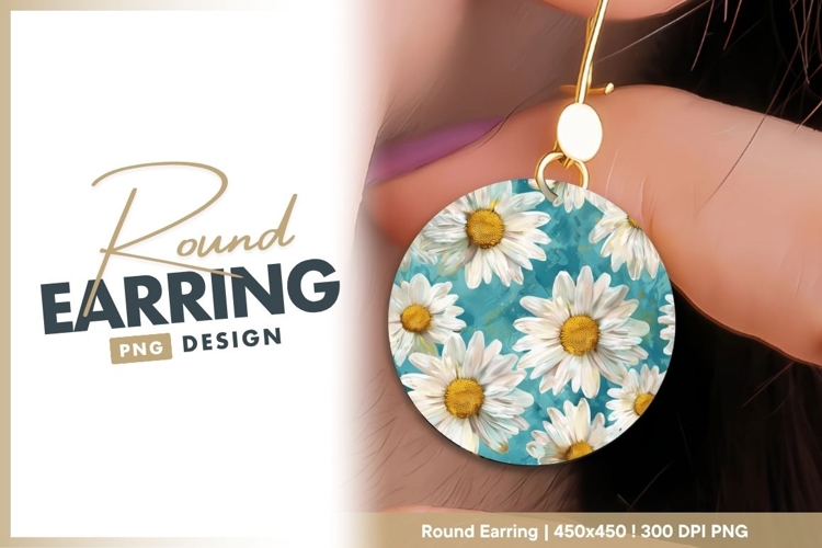 Daisy Flowers on Turquoise Background Round Earring
