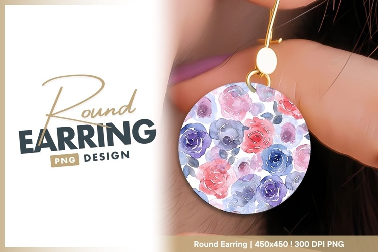 Watercolor rose pattern elegant floral round earring png