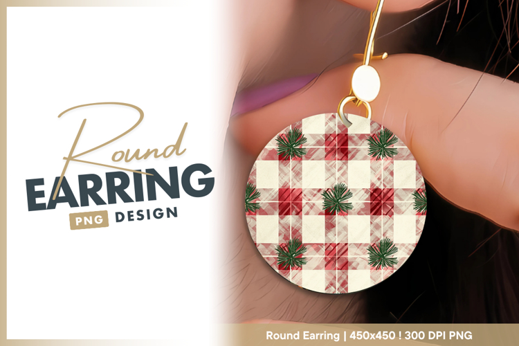 Red plaid with pine branch repeat pattern Round Earring