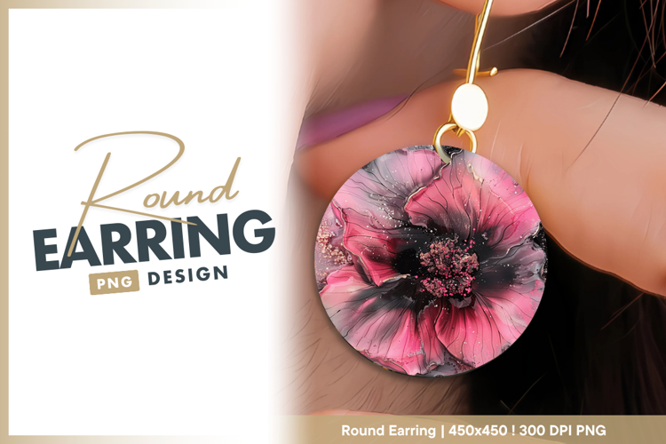 Abstract pink and black floral resin art Round Earring