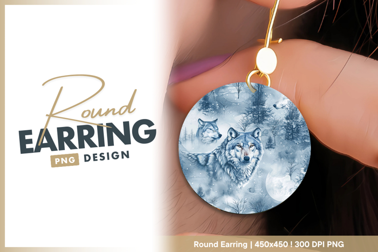 Wolves in winter landscape with moon Round Earring