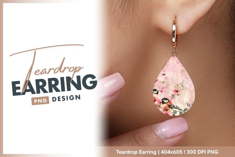 Watercolor birds with pink floral elements teardrop earring example image 1
