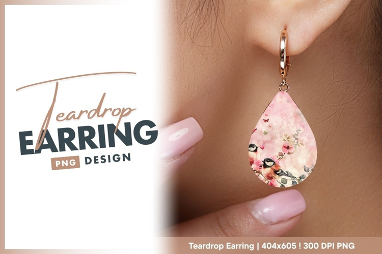 Watercolor birds with pink floral elements teardrop earring