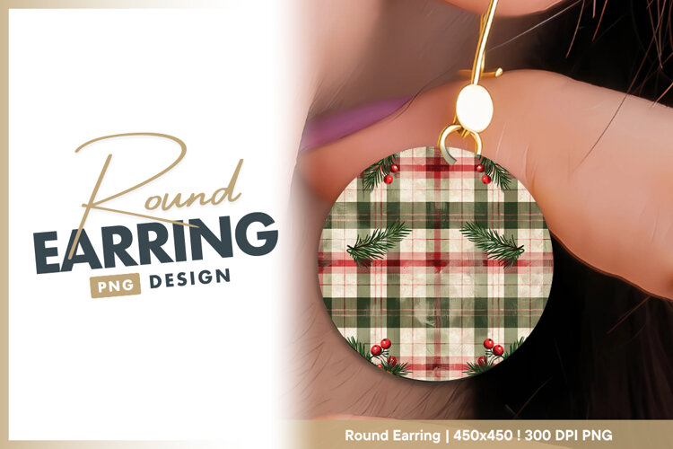 Plaid pattern with berries and pine sprigs Round Earring example image 1