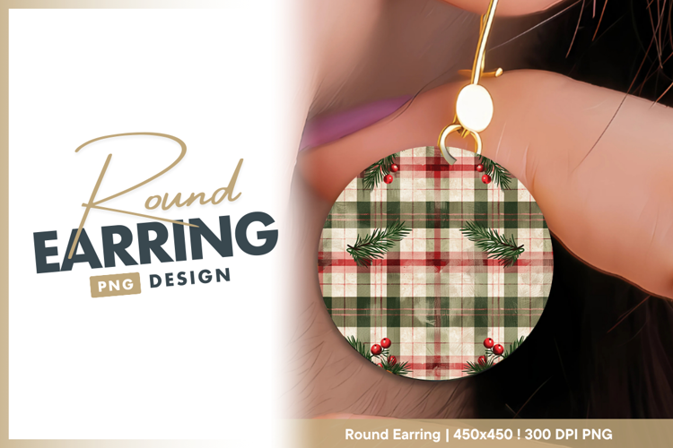 Plaid pattern with berries and pine sprigs Round Earring