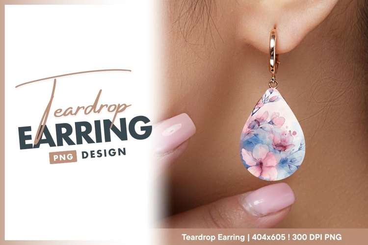 Watercolor pink flowers and blue background teardrop earring