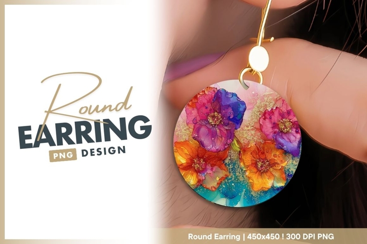 Colorful flowers alcohol ink round earring png