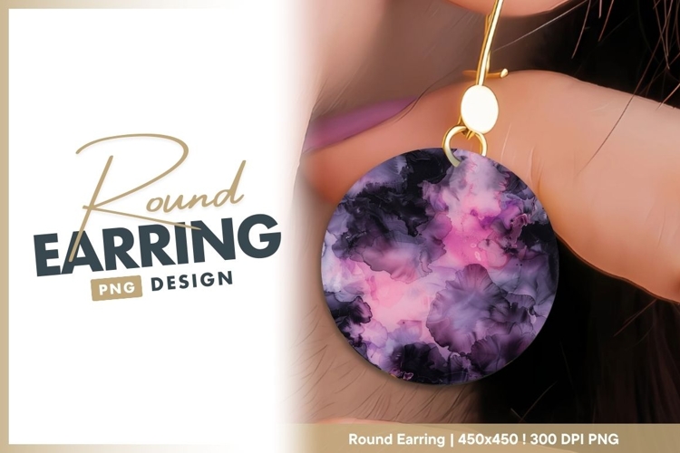 Abstract pink purple ink cloud round earring