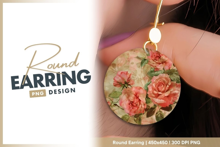 Vintage pink roses floral round earring png