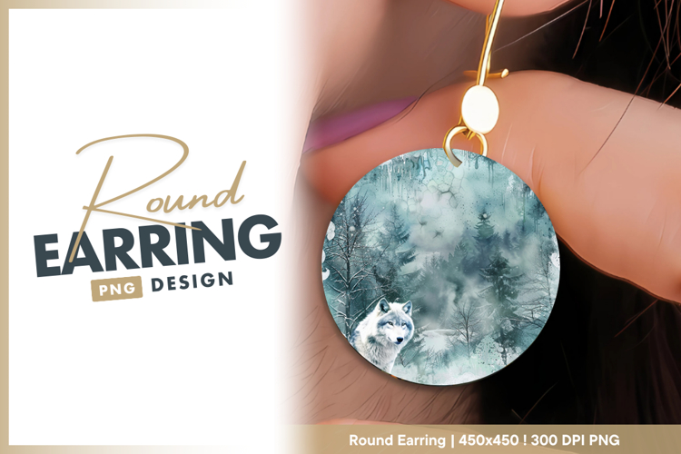 Winter wolf in snowy forest illustration Round Earring