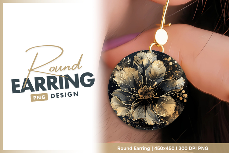 Elegant black and gold floral art Round Earring
