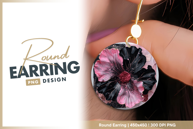 Resin art pink and black flower square Round Earring