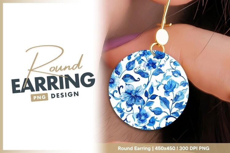 Watercolor blue flowers round earring png example image 1