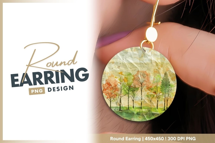 Watercolor forest trees round earring png