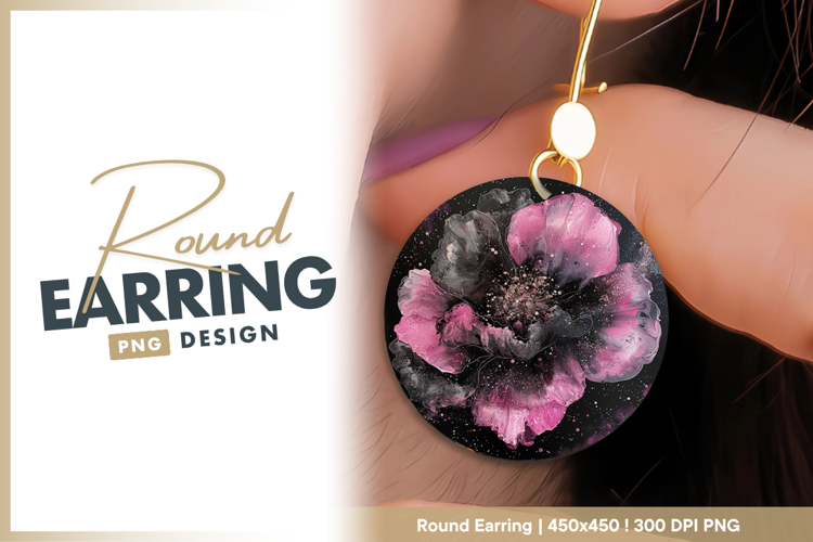 Abstract pink and gray flower on black Round Earring
