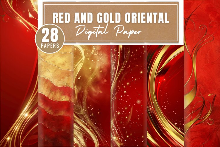 Red and Gold Oriental Digital Paper Bundle example image 1