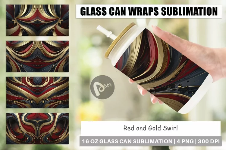 Glass Can Wraps Red and Gold Swirl