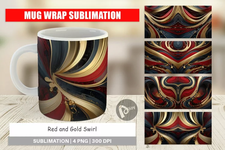 Mug Wrap Design Red and Gold Swirl