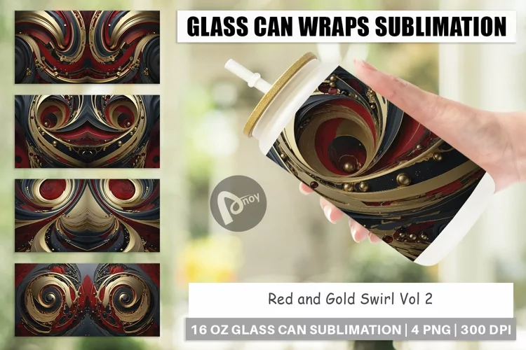 Glass Can Wraps Red and Gold Swirl
