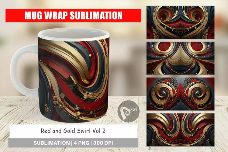 Mug Wrap Design Red and Gold Swirl