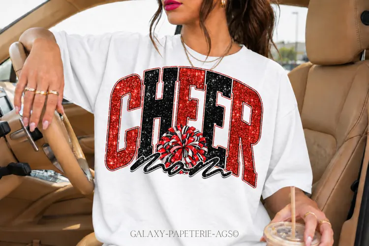 Cheer Mom PNG | Red Silver Glitter Pom Pom Design