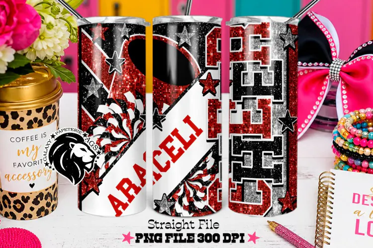 Red Black Cheer Tumbler PNG | Glitter Wrap