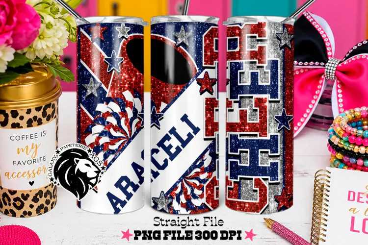 Red Blue Cheer Tumbler PNG | Glitter Straight Wrap
