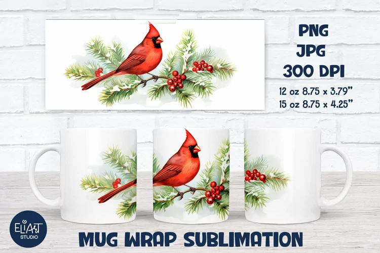 Red Cardinal Mug Sublimation | Winter Coffee Mug Wrap