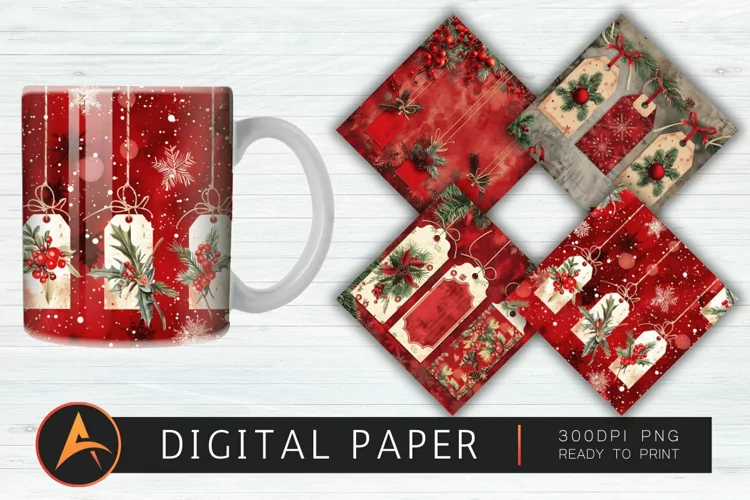 Red Christmas Digital Gift Tags Digital Paper