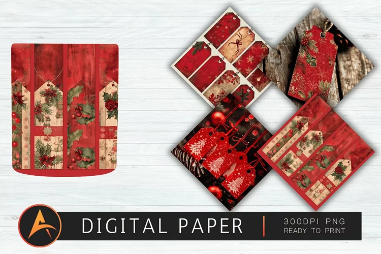 Red Christmas Digital Gift Tags Digital Paper