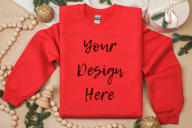 Red Christmas sweatshirt mockup Gildan 18000 Flat lay