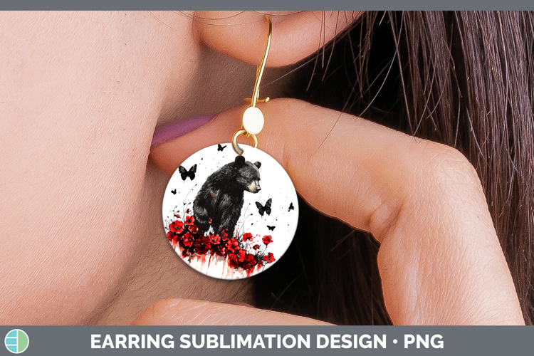 Red Drips Black Bear Round Earrings Sublimation Earrings Des