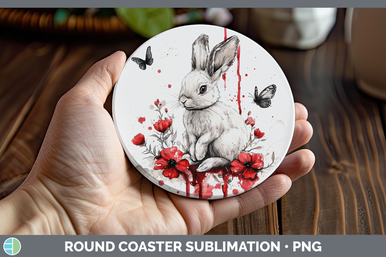 Red Drips Snowshoe Hare Round Coaster Sublimation Coaster De