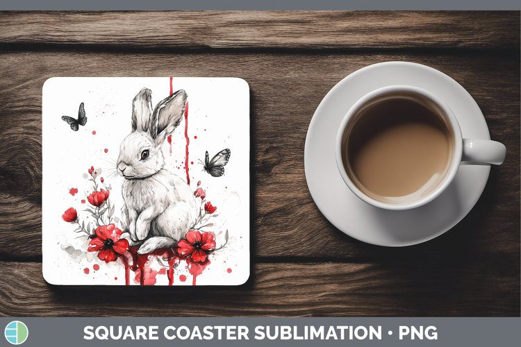 Red Drips Snowshoe Hare Square Coaster Sublimation Coaster D