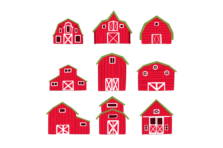 Red farm barns collection representing agriculture and rural