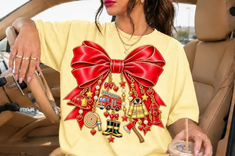 Red Firefighter Bow PNG with Fire Truck Charms