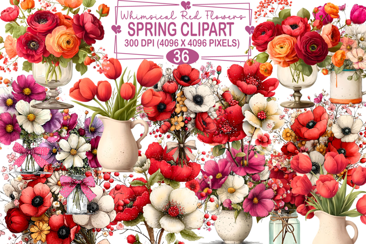 Whimsical Red Flowers Spring Clipart Watercolor Png