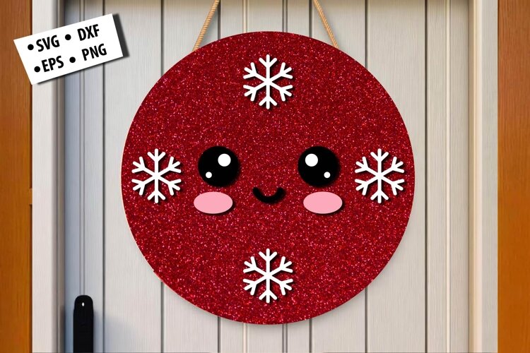 Red Glitter Snowflake Face Round Door Hanger SVG Design example image 1