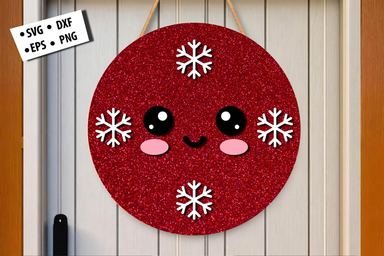 Red Glitter Snowflake Face Round Door Hanger SVG Design