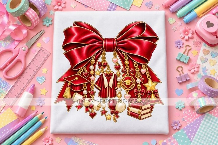 Red Graduation Bow PNG with Cap and Diploma Charms, Senior example image 1