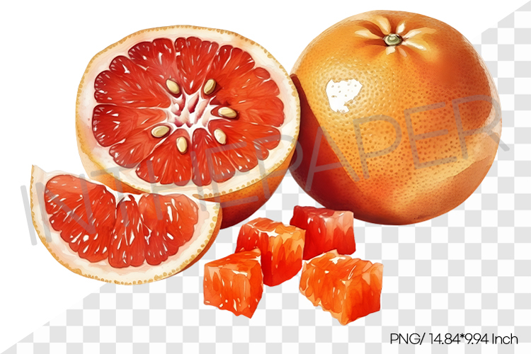 Whole and Cut Red Grapefruit with Cubed Pieces PNG Clipart