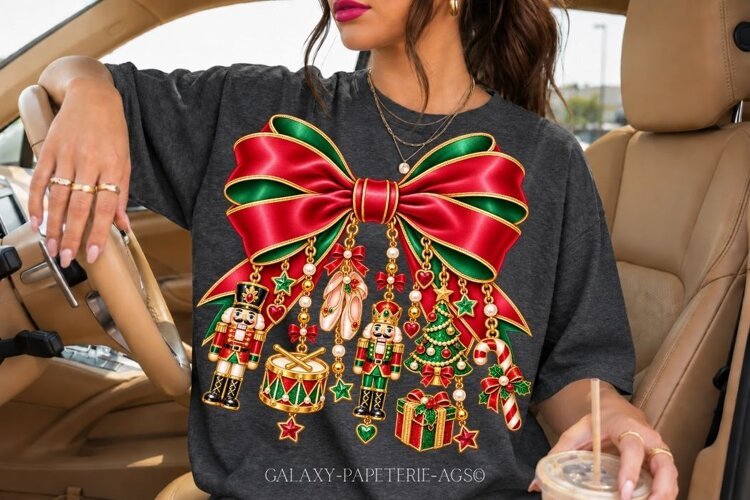 Red and Green Nutcracker Bow PNG with Christmas Charms example image 1
