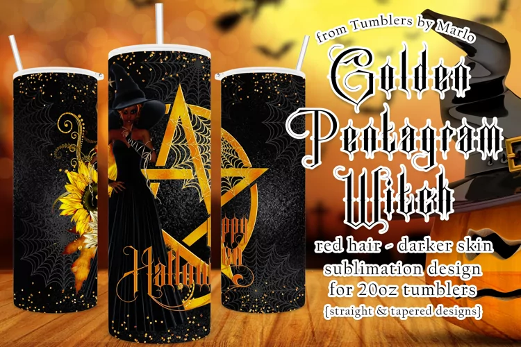 Halloween Witch Golden Pentgram 20oz Tumbler, Red Hair